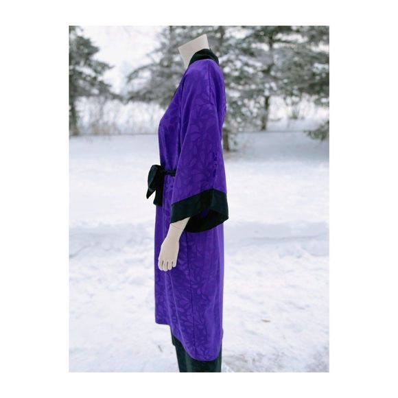 80s Diamond Tea Satin Loungewear Set Kimono Sleeve Duster Robe Trousers Purple B - Picture 5 of 16